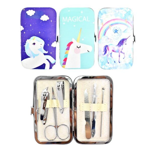 Kit De Manicura Con Estuche De Cuero Sintetico Con Diseño De Unicornios