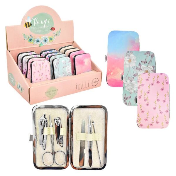 Kit De Manicura Con Estuche De Cuero Sintetico Con Diseño De Flores
